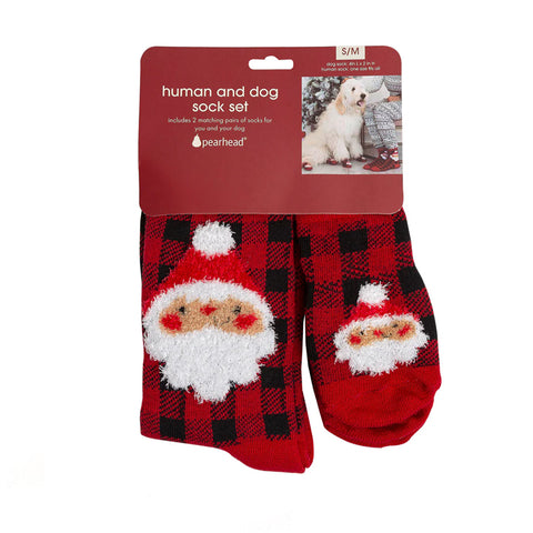 Human & Dog Matching Sock Set - Buffalo Check Santa